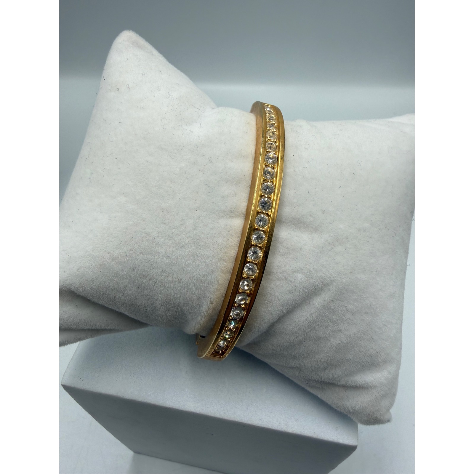 Roman Gold Tone Crystal Hinged Bangle Bracelet Oval Costume Jewelry